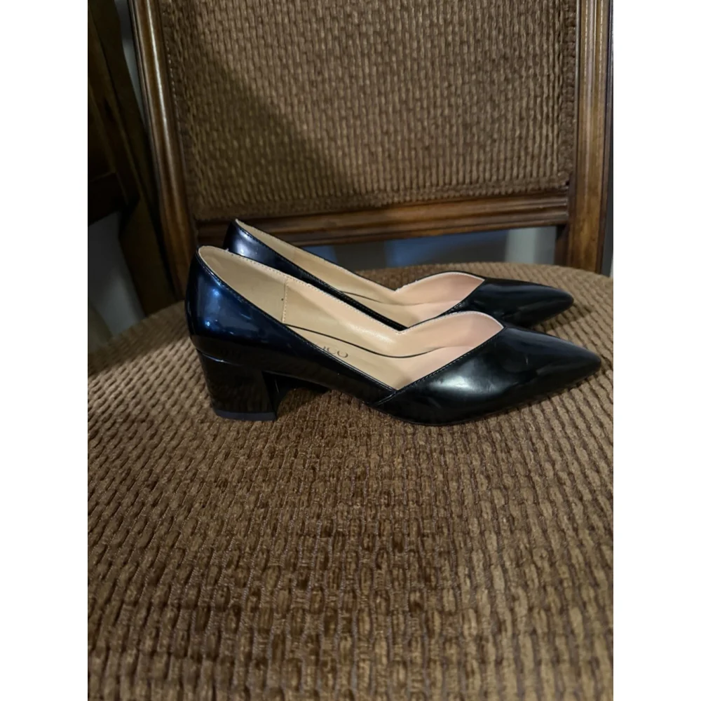 MODENCOCO Women’s Patent Slip On pointed Toe Cut Out Chunky Low Heel Pumps Sz 7
